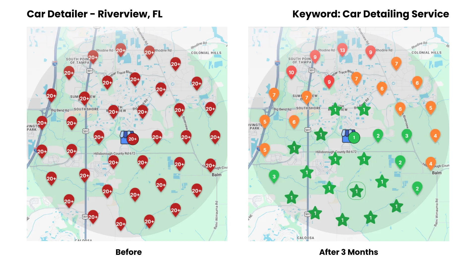 Before-and-after Google Maps ranking heatmap for a auto detailing in Riverview, FL