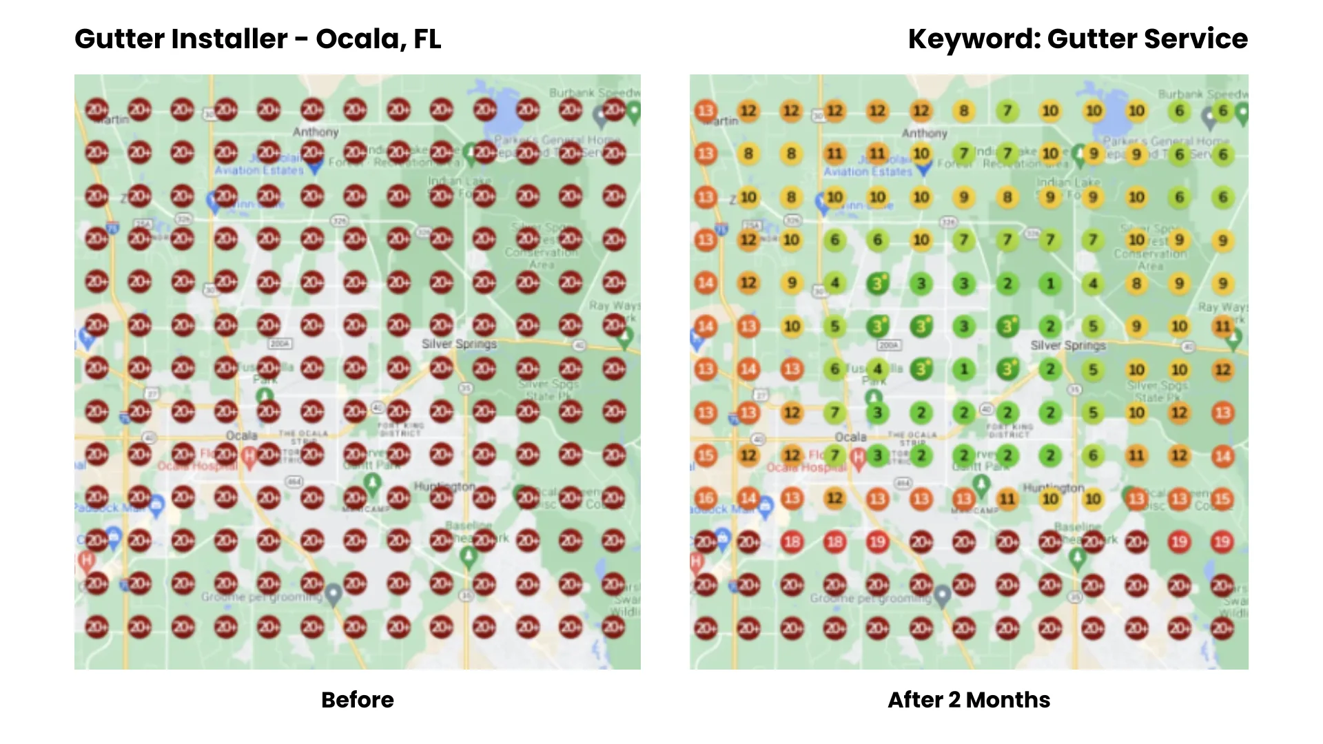 Before-and-after Google Maps ranking heatmap for a gutter installers in Ocala, FL